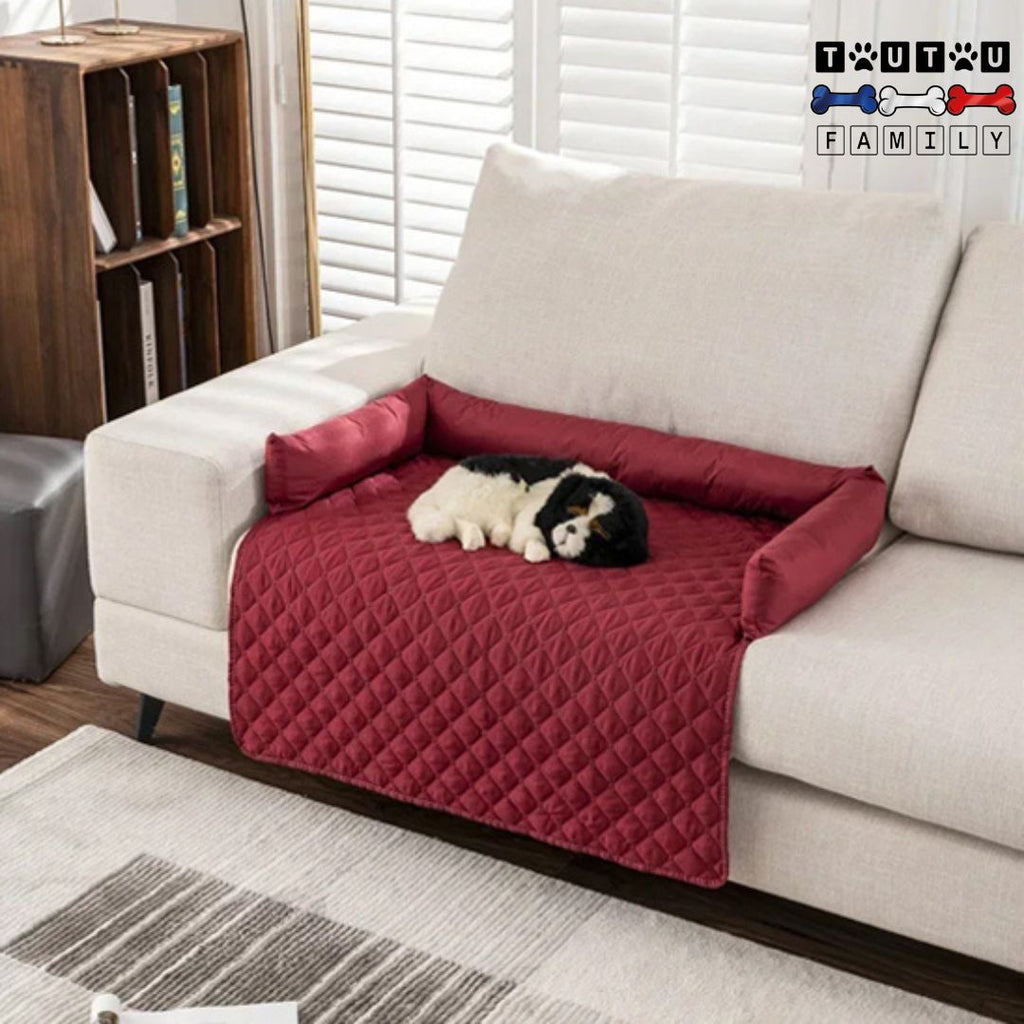 Tapis-pour-chien-protège-canapé-imperméable avec traversin 100% coton, un chien couché sur le protège canapé rouge 
