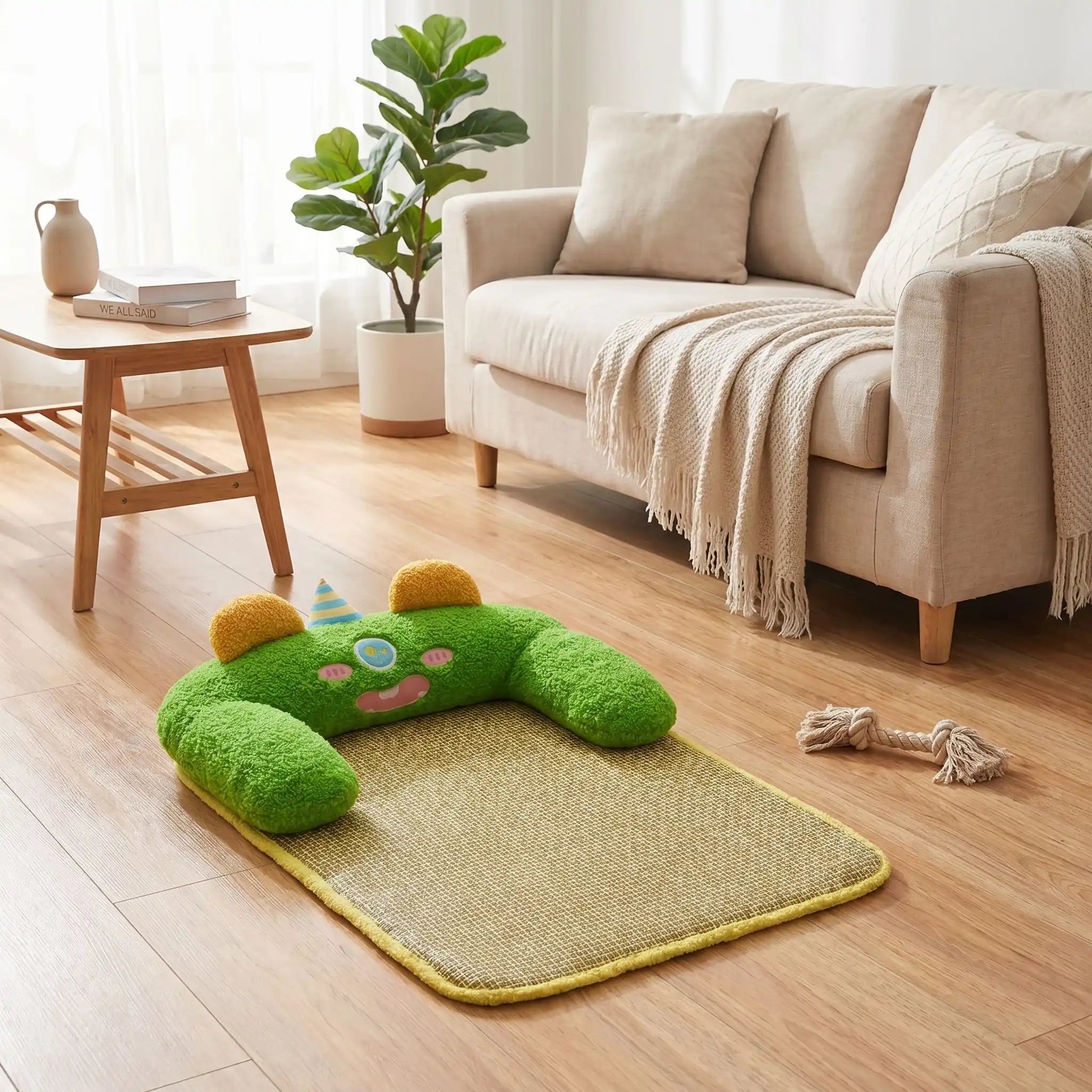 Tapis-rafraichissant-chien-petit-antidérapant, imperméable, résistant aux griffes, déhoussable et lavable avec traversin intégré , matelas et coussin en U rembourré 100% coton haute densité ergonomique pour le cou, sécurisant pour les petites races de chien et chiots de 0 à 7 kilos maximum-gros plan sur le tapis rafraichissant avec son traversin ultra doux en peluche de couleur vert pour chiot et chien de petite taille, en rotin et rembourrage 100% coton haute densité, résistant aux griffes et morsures 