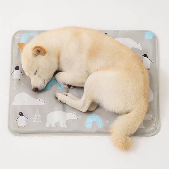 Tapis-rafraichissant-chien-chiot-gel-imperméable-lavable-polyvalent-pour-sol-lit-panier-cage-caisse-de-transport-voiture-voyage-réutilisable-résistant-au-griffes-compatible avec réfrigérateur ou frigo-sans produits toxique-confort thermique pour le bien-être et la santé des chiens-un chiot couché en boule qui dort paisiblement malgré les températures chaudes sur son tapis rafraichissant au design mignon polaire de couleur gris sur le sol du salon 