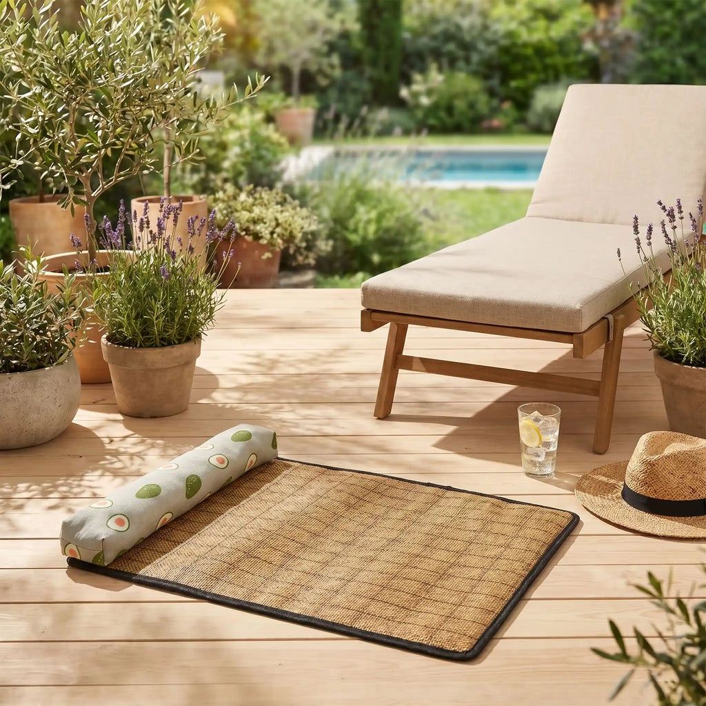 Tapis-rafraichissant-chien-petit-antidérapant, imperméable, résistant aux griffes, lavable avec traversin intégré , matelas et coussin rembourré 100% coton haute densité ergonomique pour le cou, sécurisant pour les petites races de chien et chiots de 0 à 9 kilos maximum-gros plan sur le modèle de tapis rafraichissant pour petit chien et chiot avec oreiller de couleur vert sur la terrasse de la maison de vacances en été