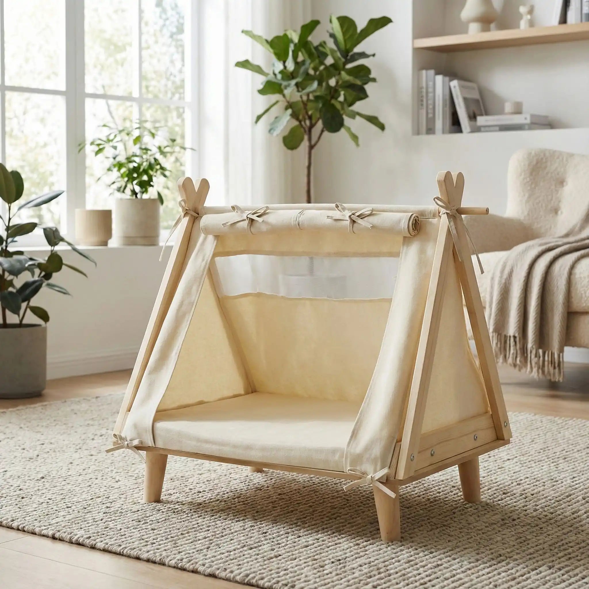 Tente-pour-chien-chiot-surélevé-bois naturel et tissu oxford 300D ultra-résistant et 100% imperméable avec une partie moustiquaire pour une circulation d'air optimale-un lit pour chiot et petit chien de 0 à 5 kilos solide et design écoresponsable dfe couleur crème avec son matelas ergonomique à mémoire de forme en éponge haute résilience 100% coton PP 