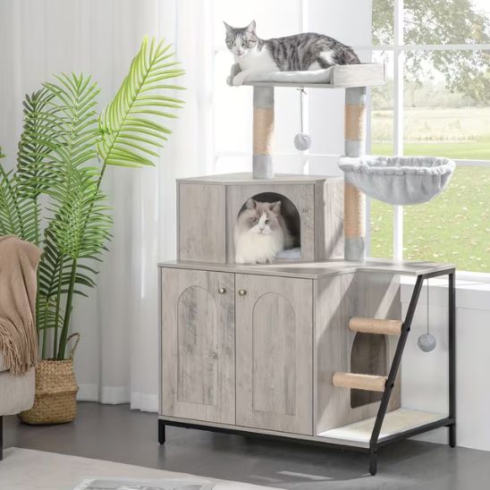 arbre à chat avec litière meuble gris