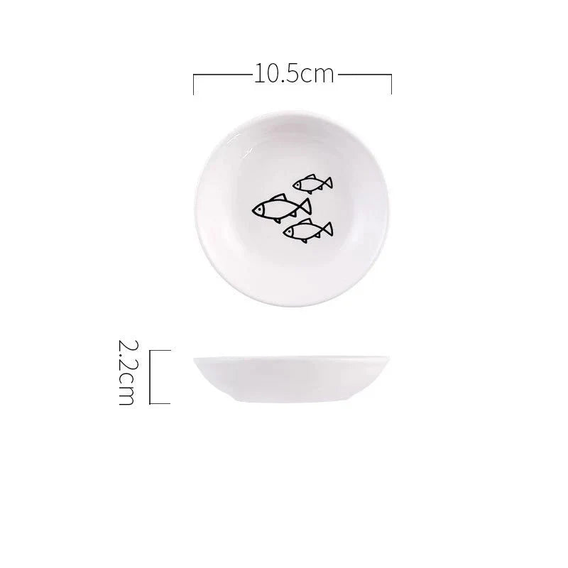 Assiette en céramique pour chat blanche avec dessin de poissons noirs de 10,5 cm de diamètre