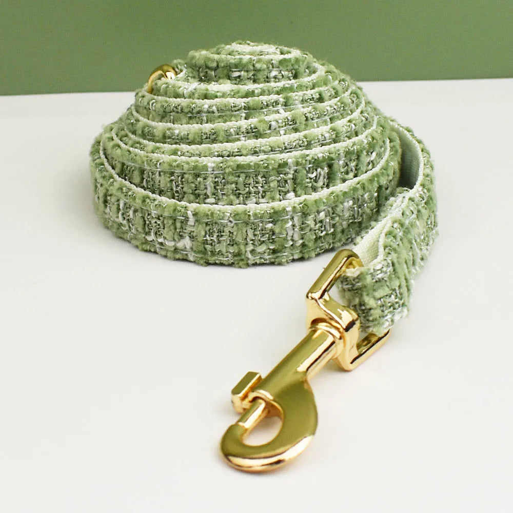 Laisse vert menthe texturée avec mousqueton doré, assortie au collier personnalisable pour chat de Oscar et Plume