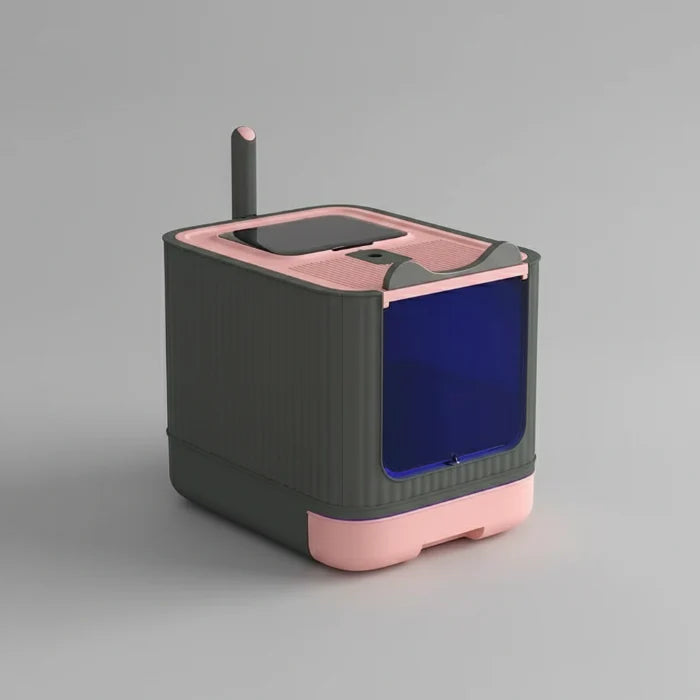 Bac à litière pliable chat Oscar et Plume gris et rose avec porte bleue et dimensions indiquées