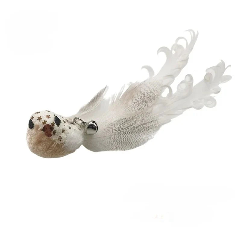 Jouet oiseau blanc avec clochette et détails en tissu pour chat baguette plume oiseau pour chat
