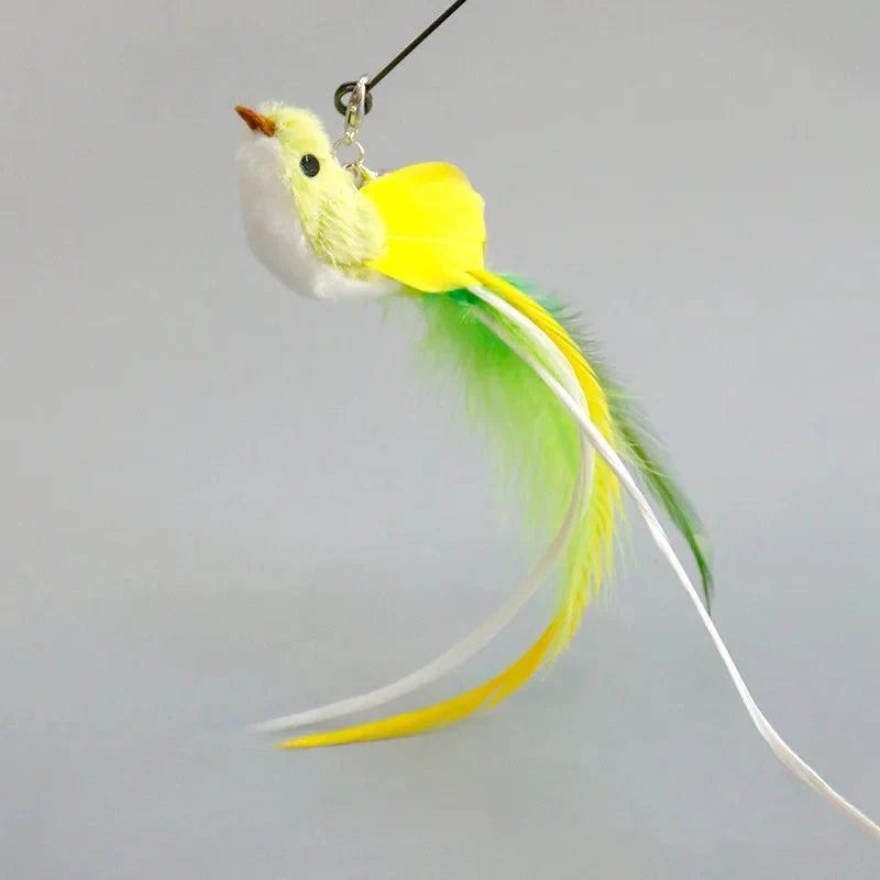 Baguette plume oiseau pour chat jaune et vert avec longue plume pour jeu félin