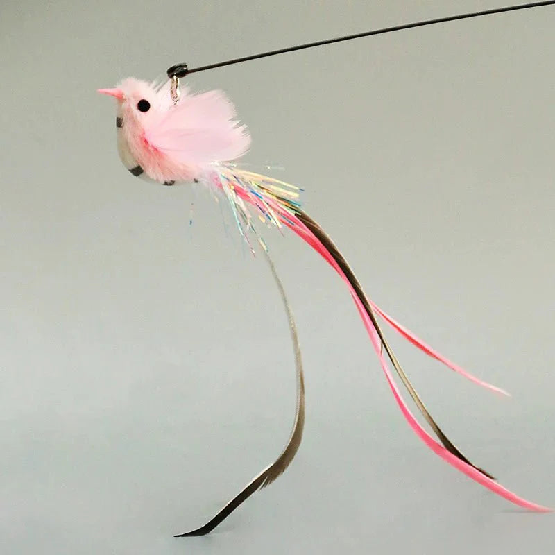 Baguette plume oiseau pour chat rose avec longues plumes colorées et foil scintillant