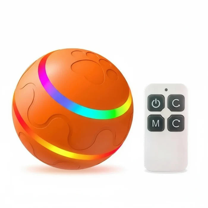 Balle interactive pour chien orange avec motifs patte et télécommande Oscar et Plume