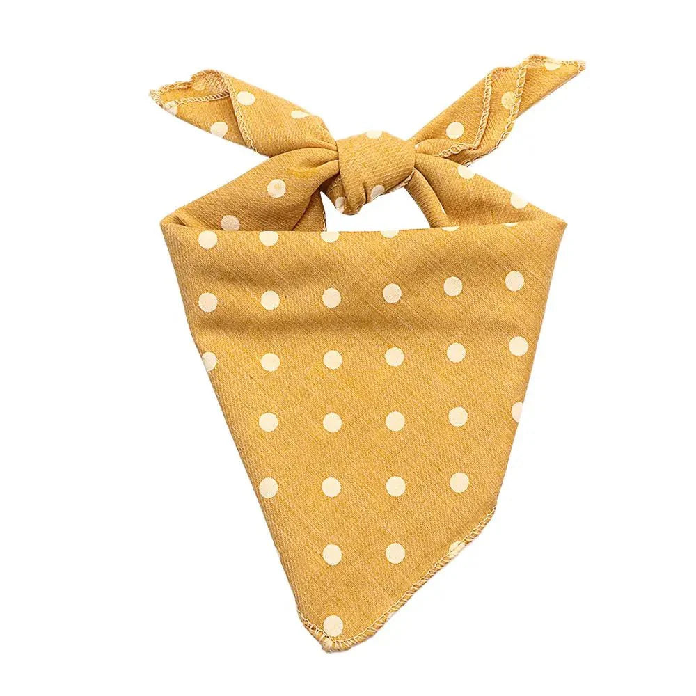 Bandana coton pour chien jaune moutarde à pois blancs avec nœud décoratif