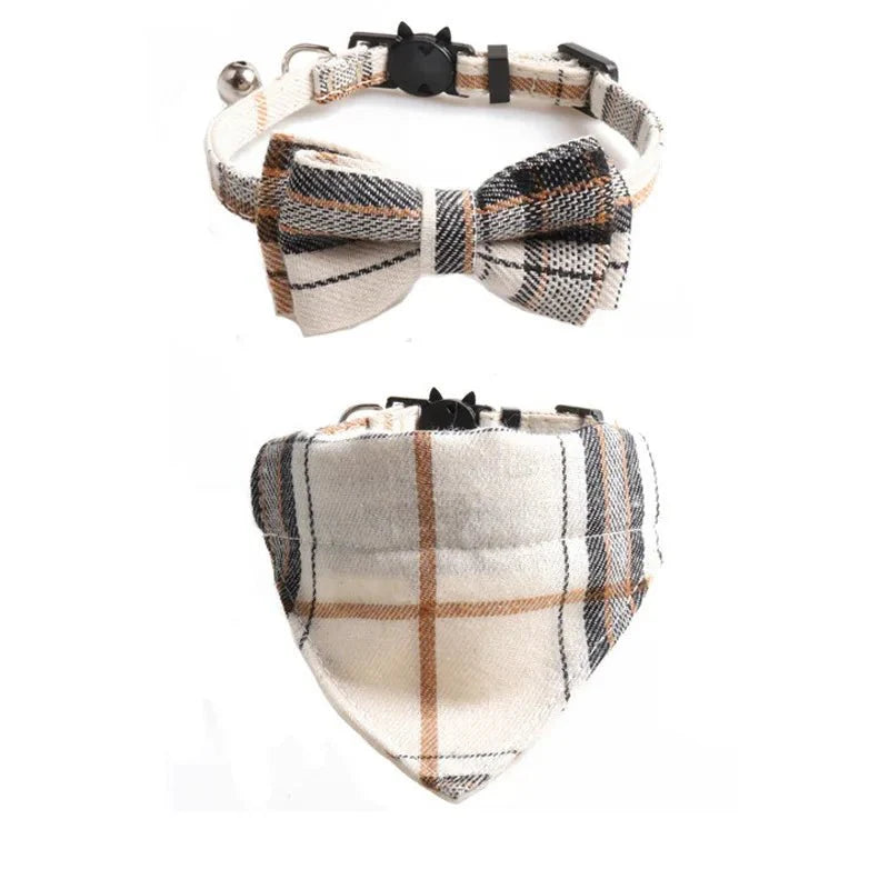 Collier pour chat avec bandana design carreaux pour chat motif beige noir et marron Oscar et Plume