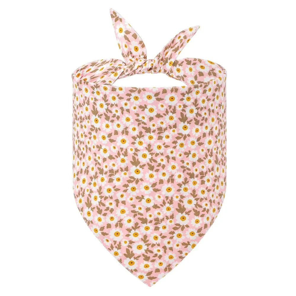 Bandana pour chien rose à motifs fleuris blancs et jaunes avec nouage simple Oscar et Plume