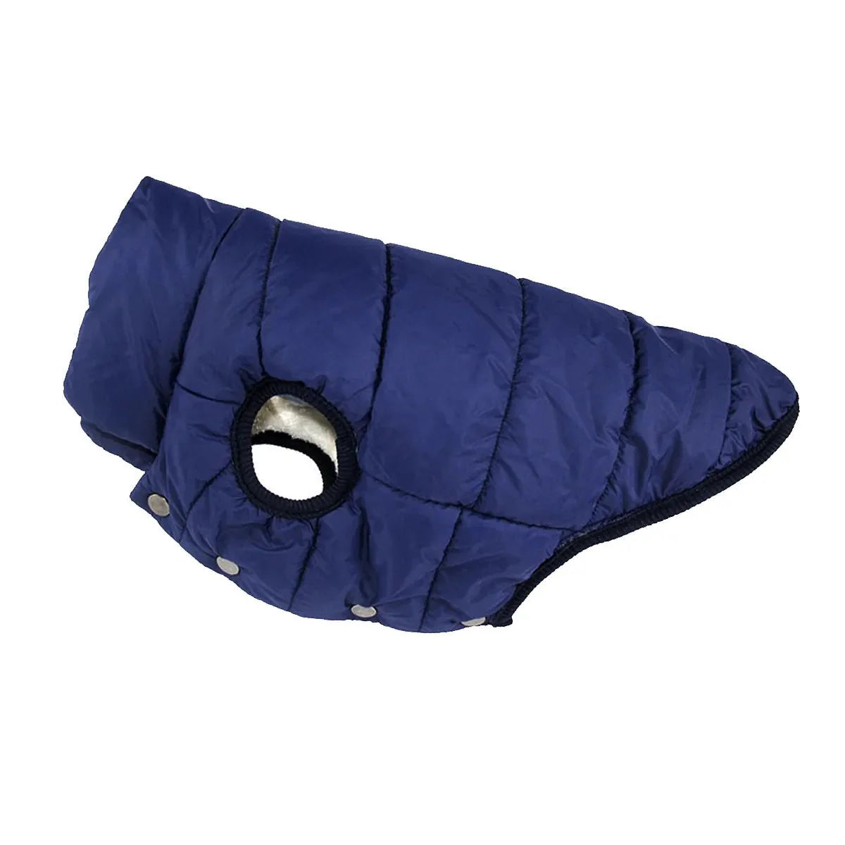 Veste chaude pour chien bleue matelassée avec ouverture pour pattes et finition noire