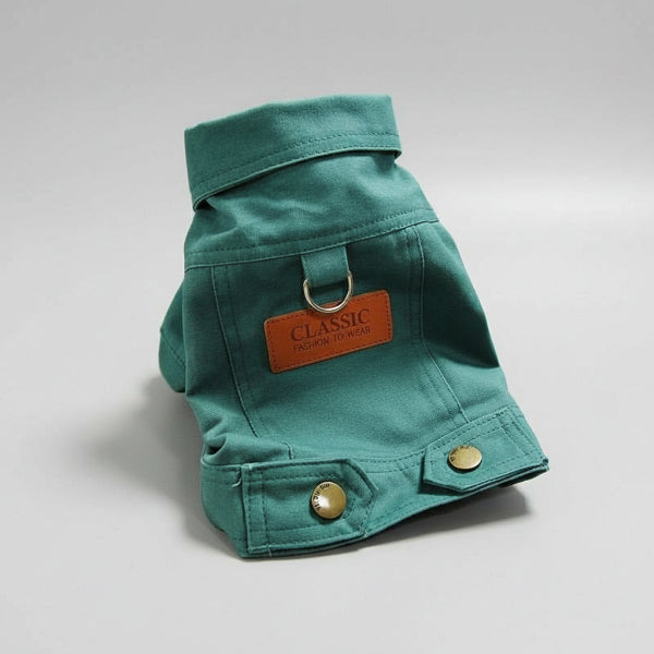 Blouson toile pour chien vert style classique avec fermeture bouton et anneau pour laisse