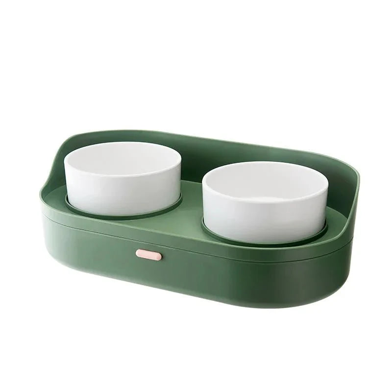 Bol céramique design pour chien avec support vert et double récipient blanc Oscar et Plume