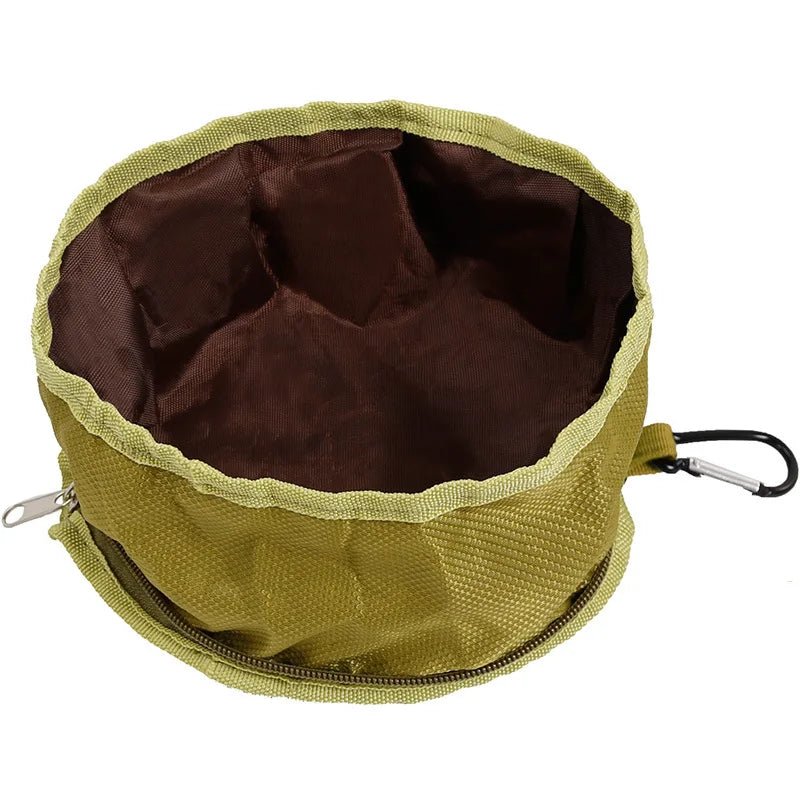 Bol portable pour chien pliable en tissu vert avec mousqueton pour transporter facilement