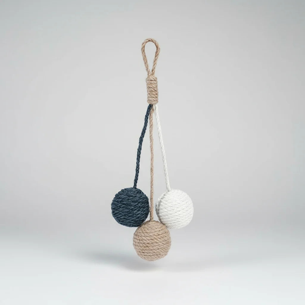 Boule à gratter pour chat tricolore suspendue avec corde pour jeu et griffades