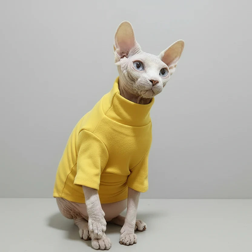 Un chat Sphynx portant un sweat confortable pour chat de couleur jaune, idéal pour garder votre animal au chaud