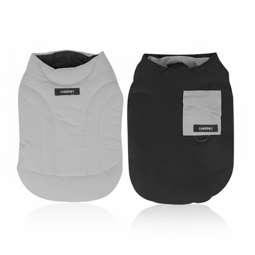 Veste réversible pour teckel en noir et gris avec poche et design confortable pour petits chiens