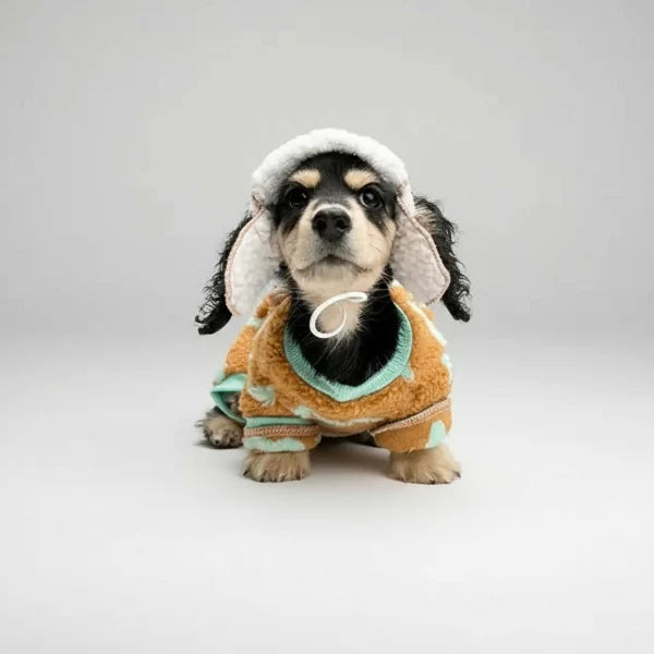 Chiot teckel noir et feu portant un manteau polaire pour teckel Oscar et Plume assis sur un tabouret sous la neige