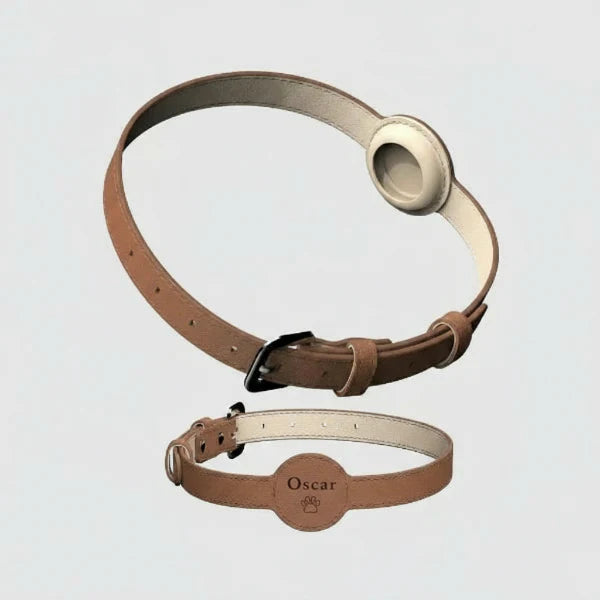 Collier en cuir marron avec gravure personnalisée et collier avec emplacement Airtag pour animaux