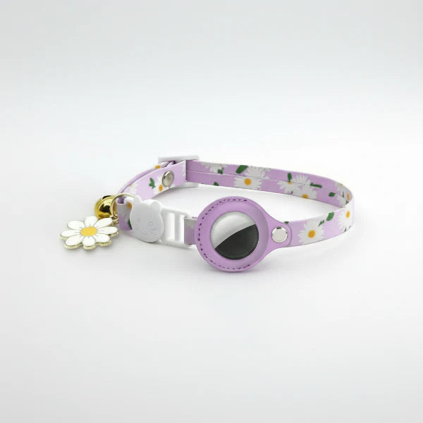 Collier avec porte-Airtag violet à motif marguerite avec clochette et fermeture sécurisée