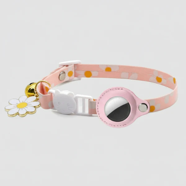 Collier avec porte-Airtag rose à motif floral avec breloque fleur et clochette dorée