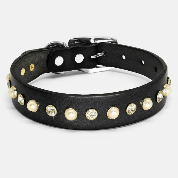 Collier chic chien chat en cuir noir orné de perles et strass pour un look élégant