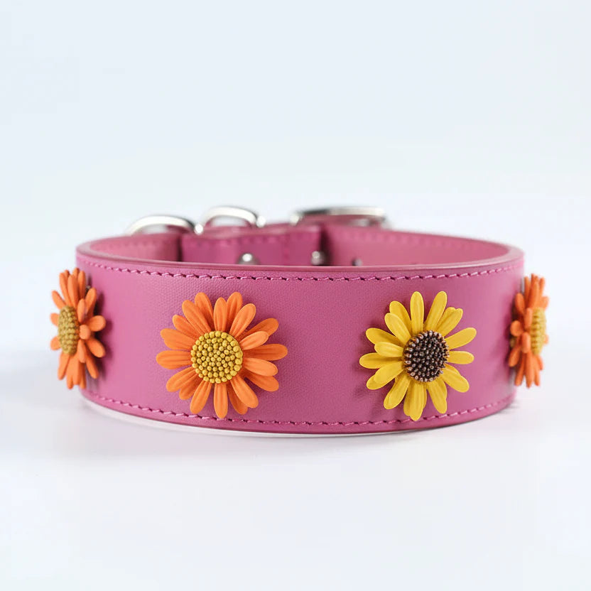 Collier Réglable En Cuir Avec Petite Marguerite Pour Chien