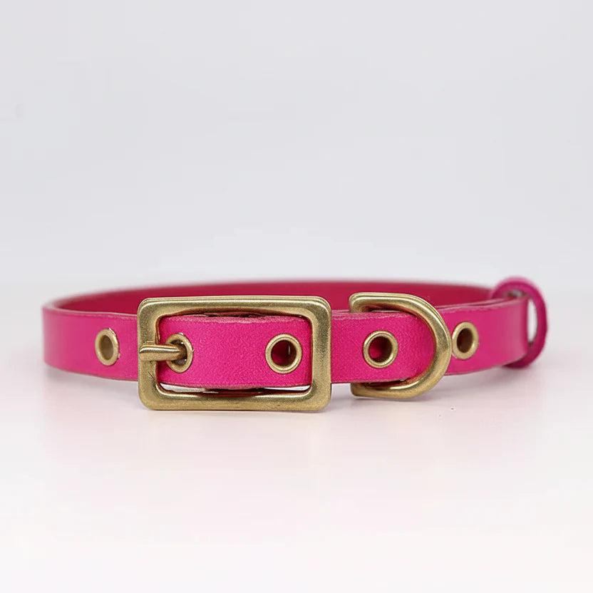 Collier chien cuir personnalisable en cuir rose avec boucle en métal doré