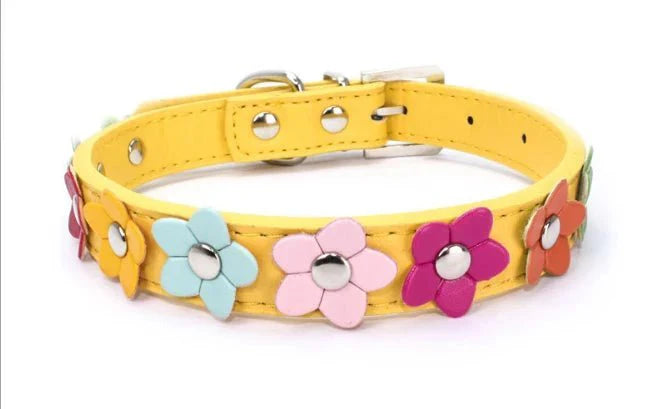 Collier chien fleurs jaune avec décorations colorées en forme de fleurs pour animaux