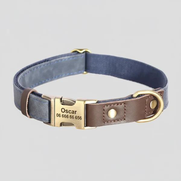 collier chien personnalisable Oscar et Plume en toile bleue et cuir marron avec boucle laiton gravée