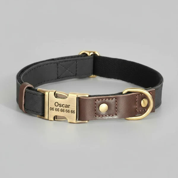 collier chien personnalisable Oscar et Plume en cuir noir et marron avec boucle laiton gravée prénom et numéro
