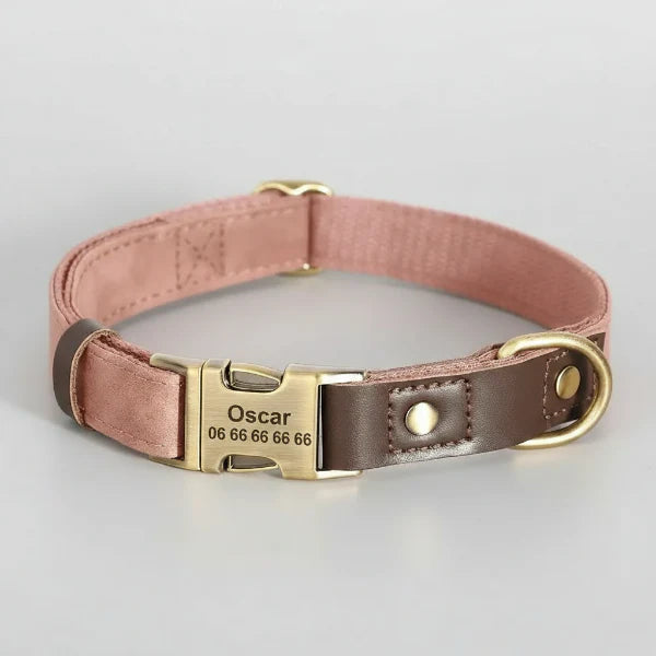 collier chien personnalisable en tissu rose poussiere et cuir marron avec boucle gravée Luna 639 892 7850