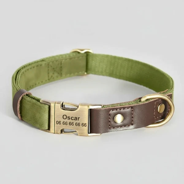 collier chien personnalisable vert en toile avec renforts cuir marron et boucle laiton gravée