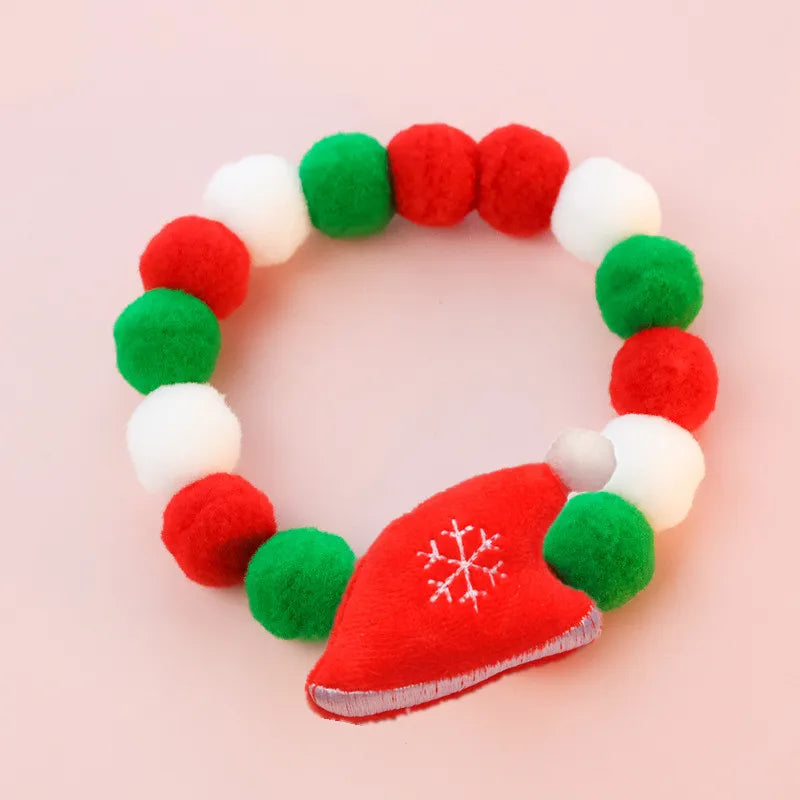 Collier de Noël pour chat et chien en rouge, vert et blanc avec pompons décoratifs