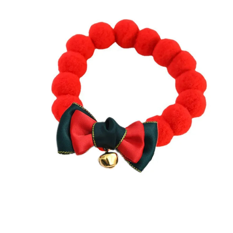 Collier de Noël pour chat et chien avec pompons rouges et nœud élégant en satin