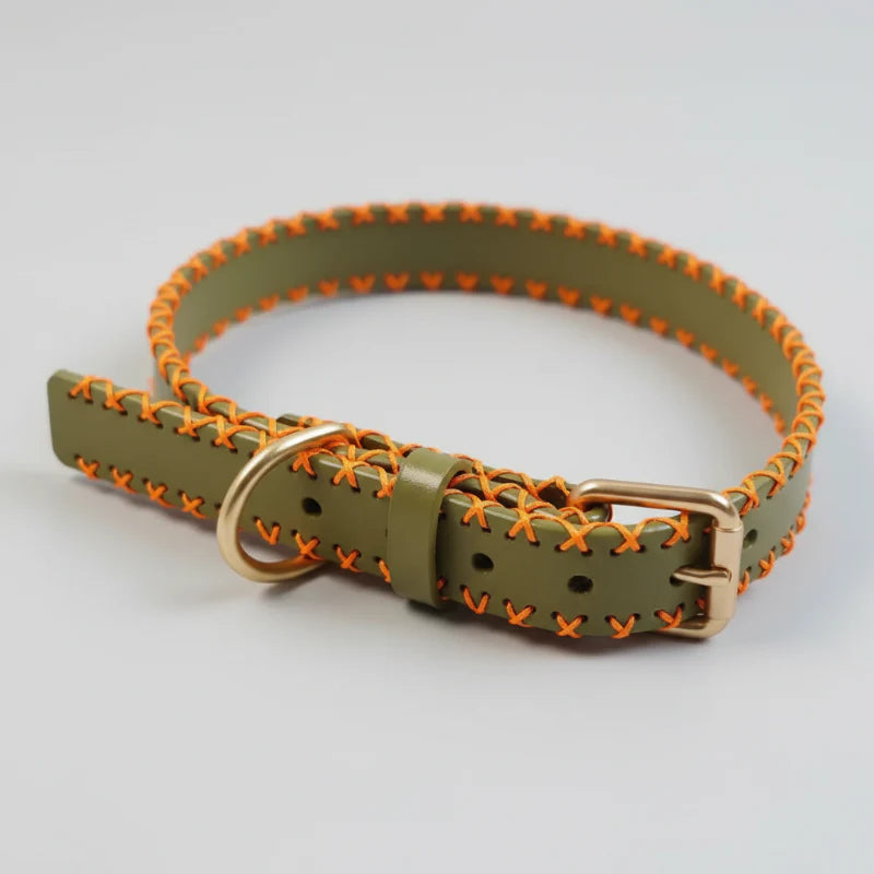 Collier en cuir pour chien vert avec couture orange et boucle en métal doré