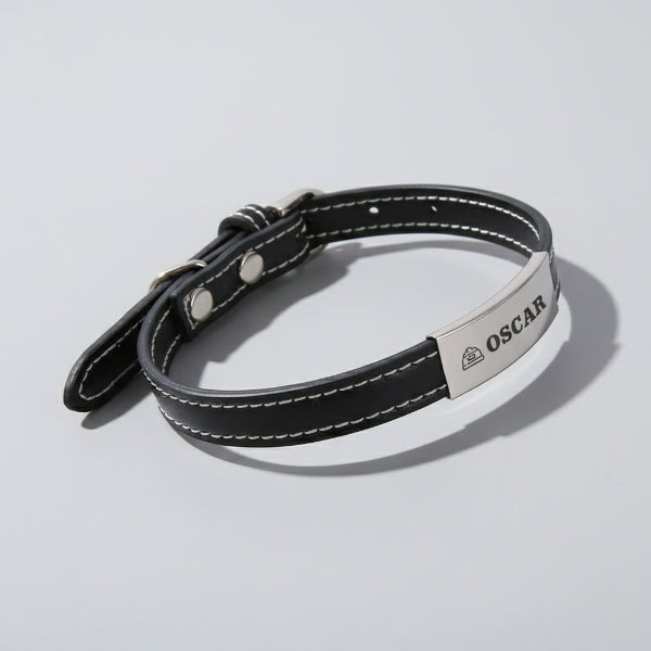 Collier en cuir véritable noir avec plaque personnalisée pour chien Oscar et Plume