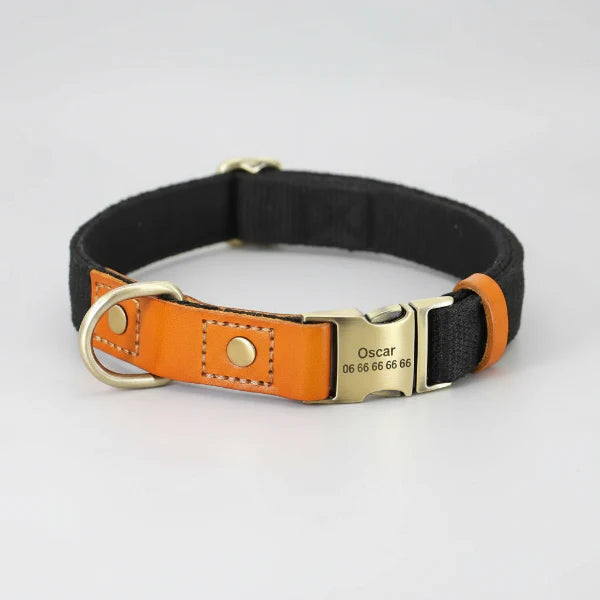 Collier et laisse personnalisable chien en cuir orange avec fermeture métallique gravée par Oscar et Plume