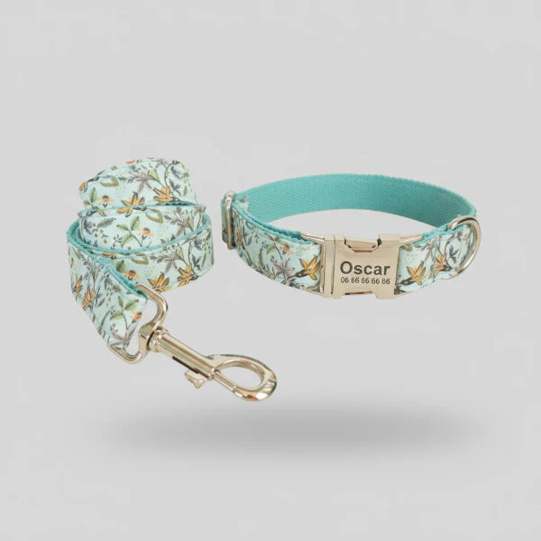 Collier Et Laisse Motif Fleurs Personnalisable Pour Chien