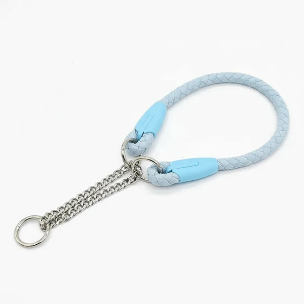 Collier et laisse pour chien en corde tressée bleu clair avec chaîne métallique durable