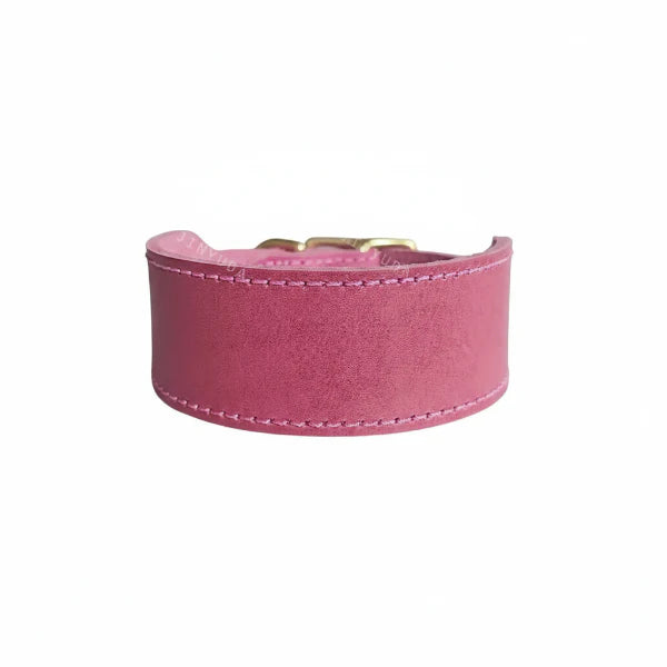 collier large pour chien en cuir suede rose velours avec boucle doree or et couture decorative Oscar et Plume