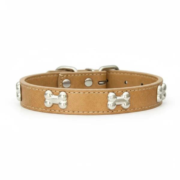 Collier os pour chien en cuir marron avec clous argentés de la marque Oscar et Plume