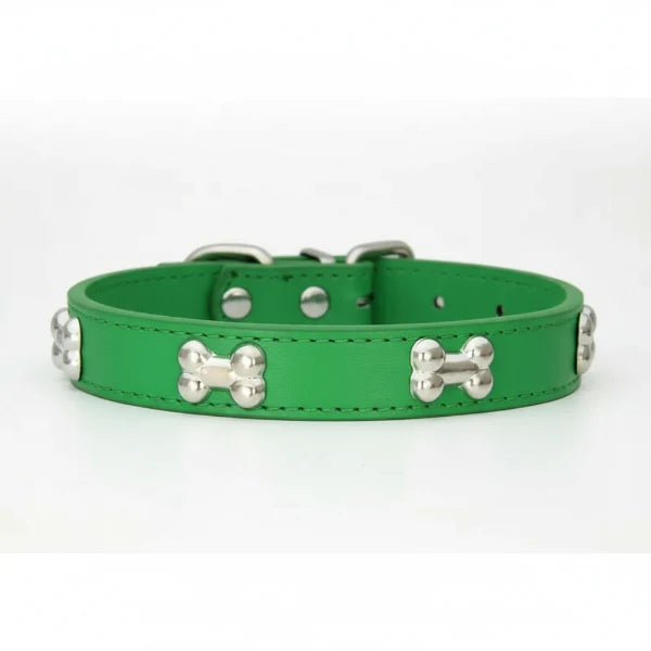 Collier os pour chien vert en cuir avec décorations os métalliques argentées Oscar et Plume