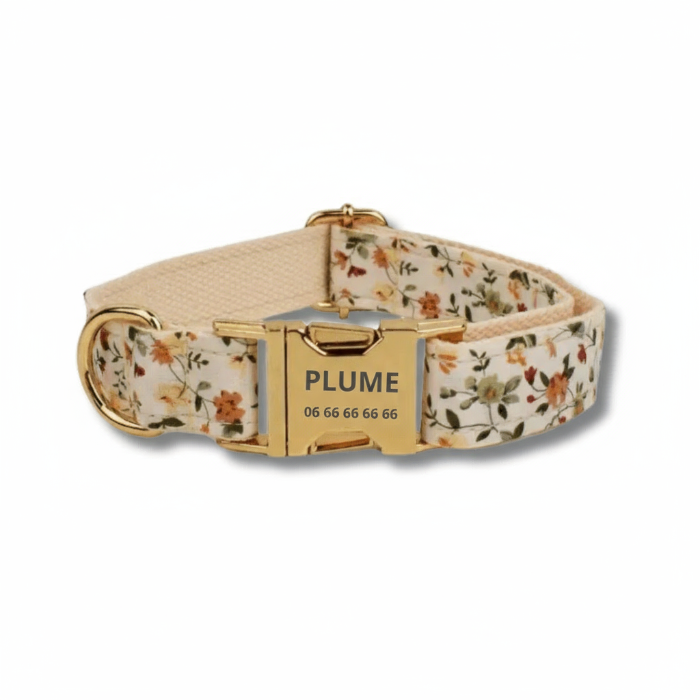 Collier personnalisable Pour Chien avec motif floral et boucle dorée de la marque Oscar et Plume