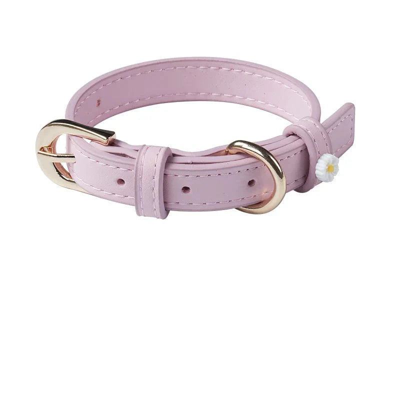 Collier pour chat rose pastel avec boucle dorée et petite fleur blanche décorative