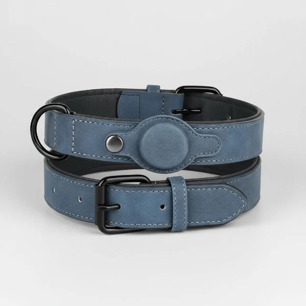 Collier pour chien Airtag en cuir bleu avec boucle noire et housse de protection pour Airtag