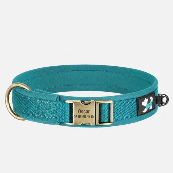 collier pour chien personnalisable Oscar et Plume en tissu bleu sarcelle avec boucle gravée et anneau D