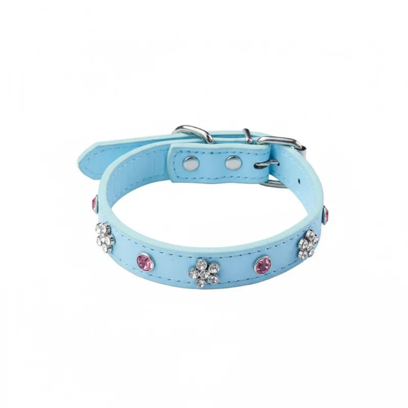 Collier simili cuir petit chien en bleu avec strass décoratifs pour élégance et confort